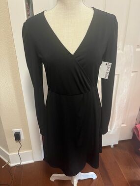 Nine West Black Long Sleeve Faux-Wrap Dress